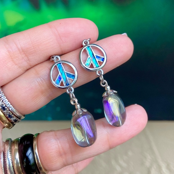Silverskylight Jewelry - Opal peace earrings . Peace sign & rainbow aura crystal dangly boho earrings